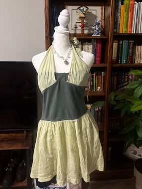 Women's Halter Linen-Blend Summer Dress in Sage and Light Green